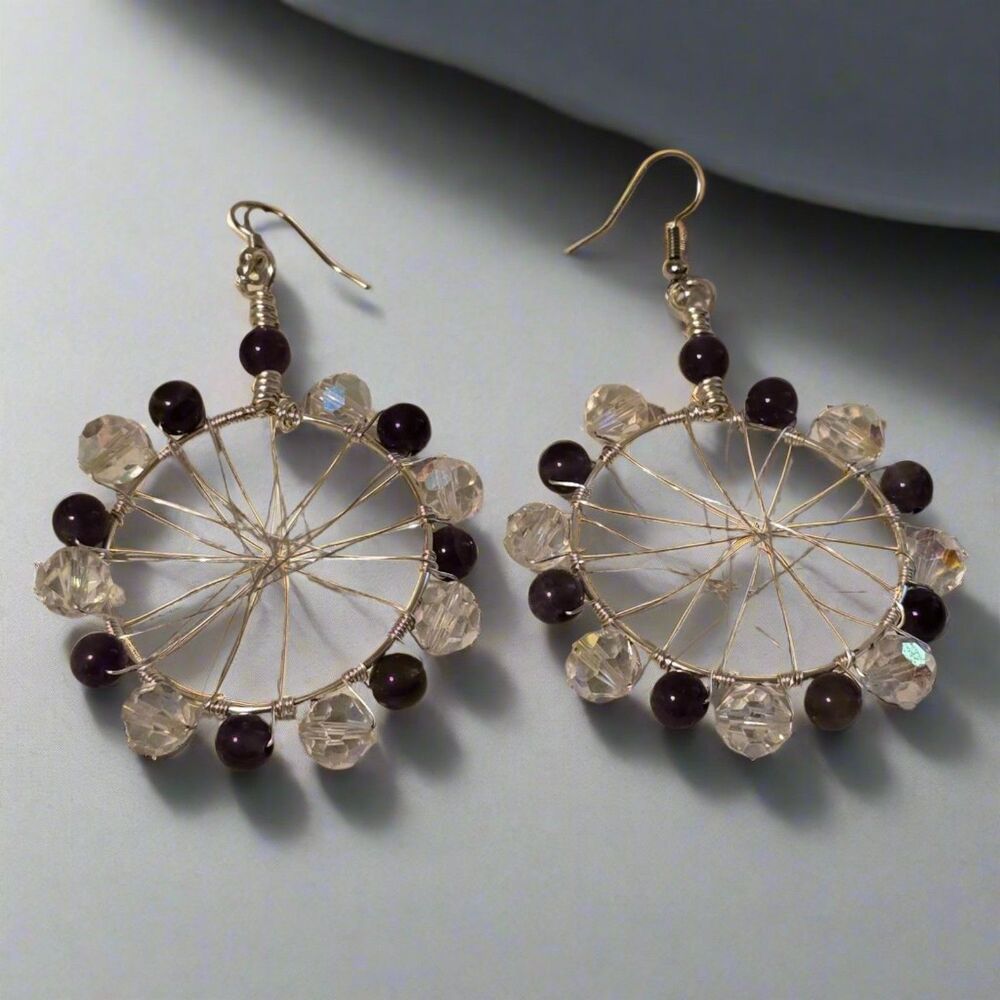 Handmade Silver Tone Hoop Earrings with Amethyst Beads Boho Wire Wrapped Jewelry